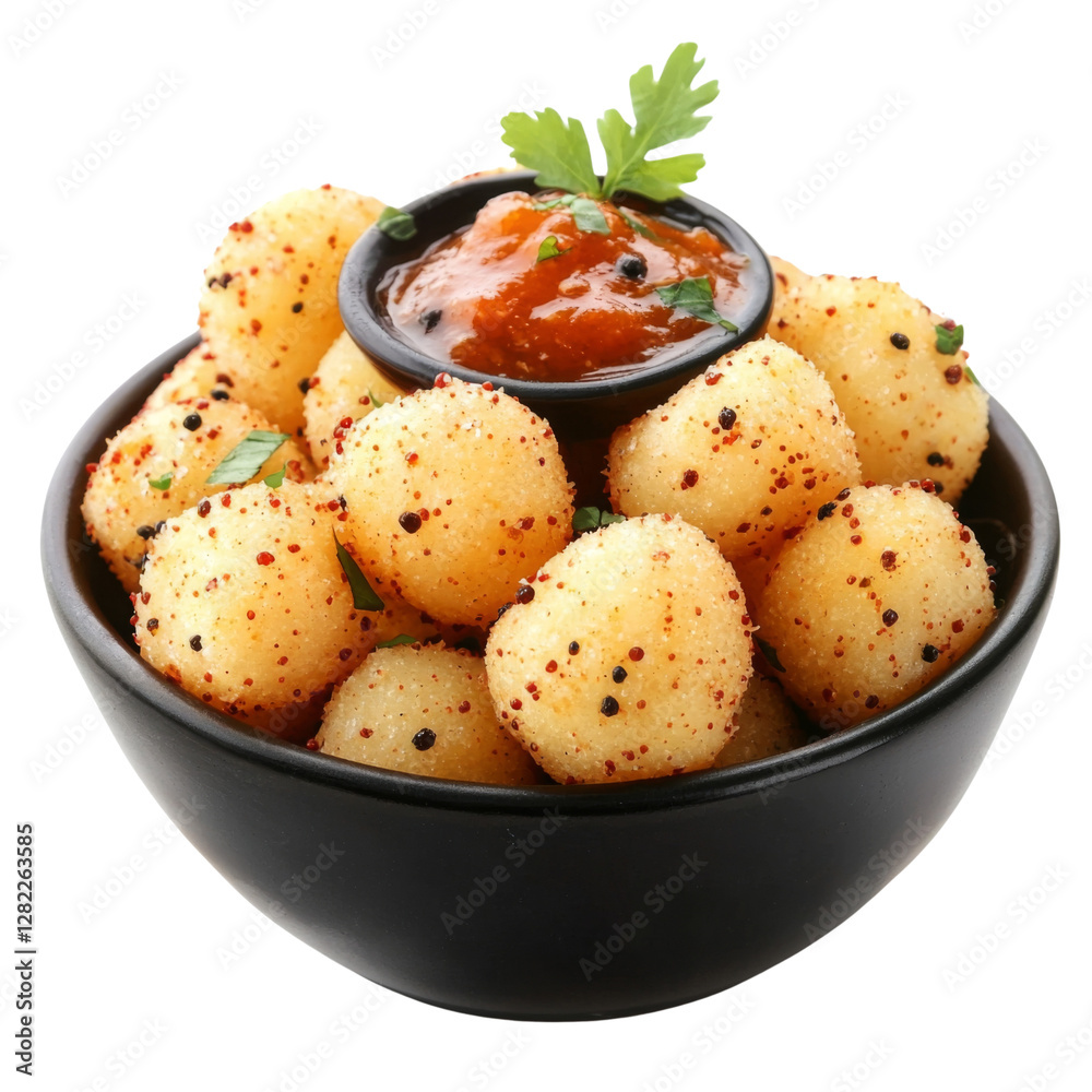 Crispy fried snack balls served with spicy sauce and garnished with herbs. Perfect for sharing at parties or enjoying as tasty appetizer Crispy fried snack balls served with spicy sauce and garnished with herbs. Perfect for sharing at parties or enjoying as tasty appetizer