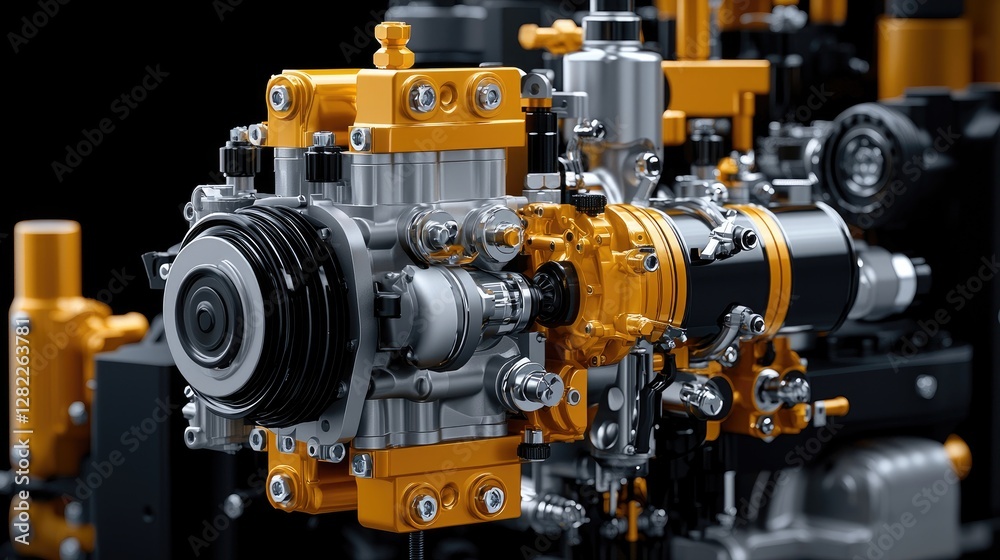 Powerful engine close-up, industrial machinery, dark background, technical illustration, for engineering publications Powerful engine close-up, industrial machinery, dark background, technical illustration, for engineering publications