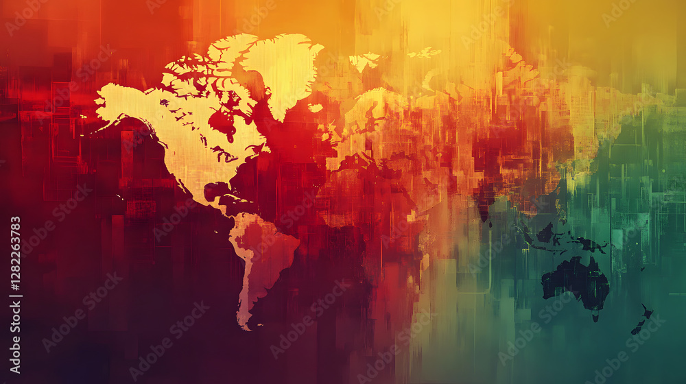 Obraz premium World map appearing on grunge colorful abstract background with digital painting