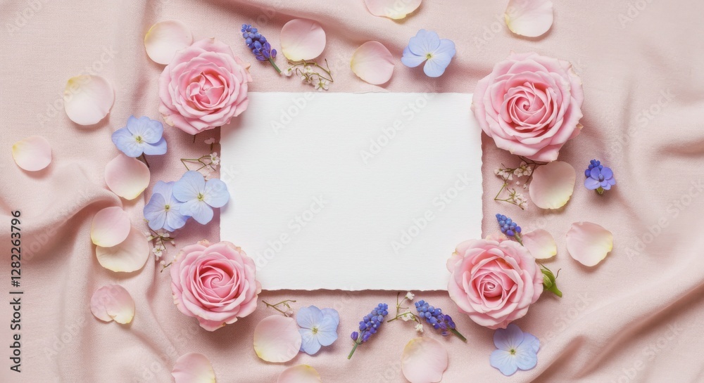 A flat lay of scattered pastel petals and blooms surrounding a blank white card on a blush fabric. A flat lay of scattered pastel petals and blooms surrounding a blank white card on a blush fabric.
