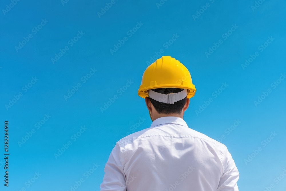 Construction worker in yellow hard hat gazing at clear blue sky Construction worker in yellow hard hat gazing at clear blue sky