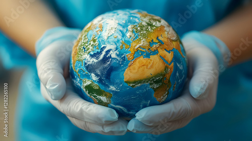 Doctor wearing surgical gloves holding globe earth model