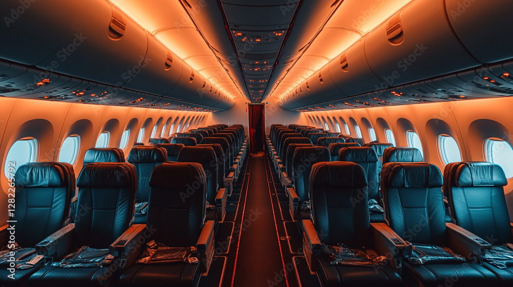Fototapeta premium Inside a modern airplane cabin with rows of empty seats, conveying a sense of travel, space, and quiet anticipation