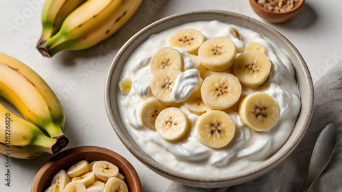 Banana Yogurt Delight: A close-up view captures the inviting textures of a fresh, creamy yogurt bowl artfully topped with slices of ripe bananas and a hint of garnish.