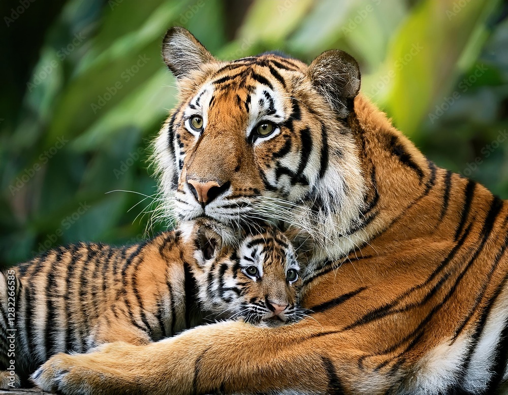 Mother tiger cuddles her playful cub in a lush jungle setting during the day Mother tiger cuddles her playful cub in a lush jungle setting during the day