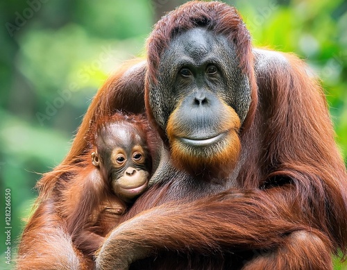 Mother orangutan embraces her baby in a lush rainforest setting during the daytime
