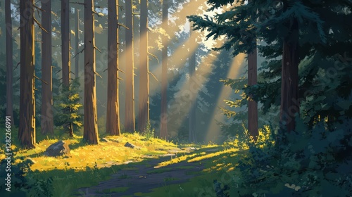 Fototapeta Naklejka Na Ścianę i Meble -  Sunbeams in pine forest path; morning light