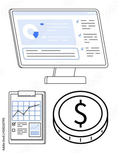 Computer screen with data analytics, clipboard featuring growth chart, and coin icon. Ideal for finance, business strategy, data analysis, budgeting, economics, investment abstract line flat