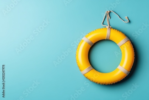 Yellow inflatable ring hanging on turquoise background with copy space