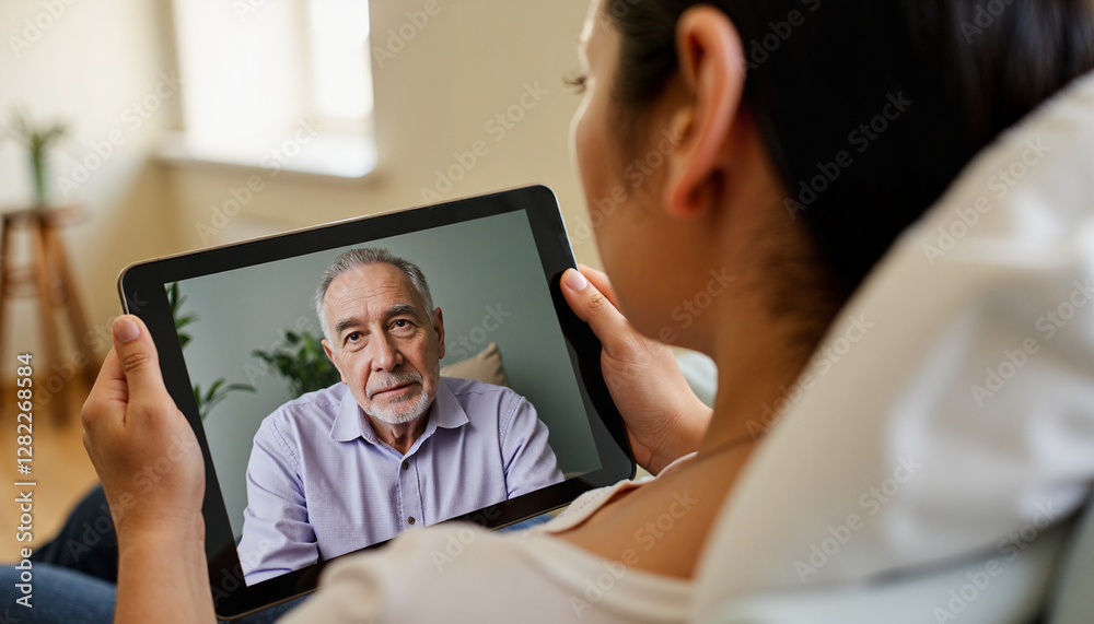 Woman communicating with elderly man via video call indoors