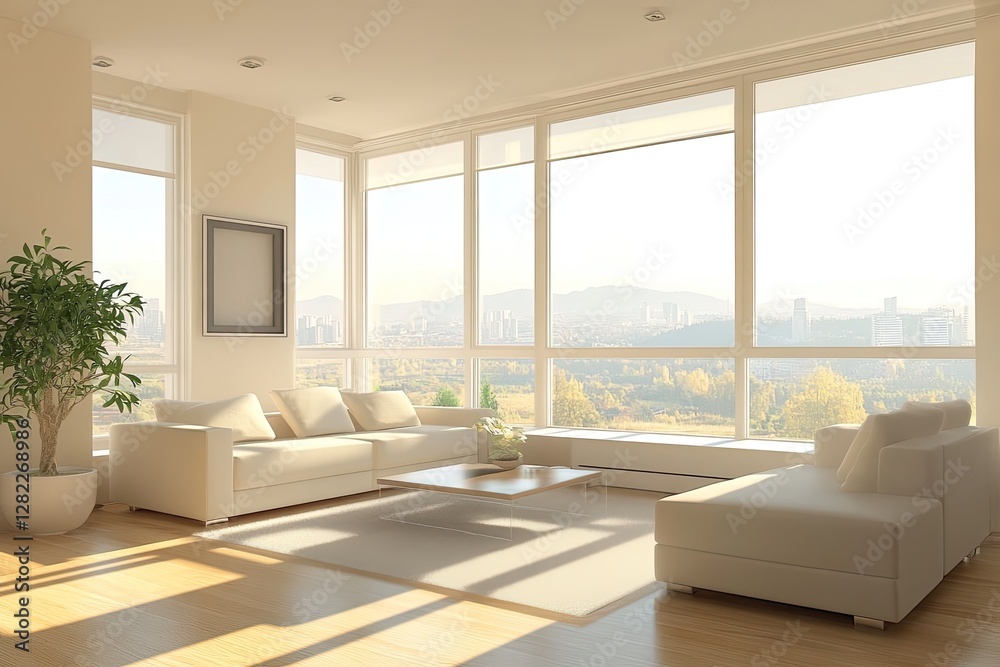 Fototapeta premium Sleek minimalist living room with neutral tones, large windows, and soft natural lighting