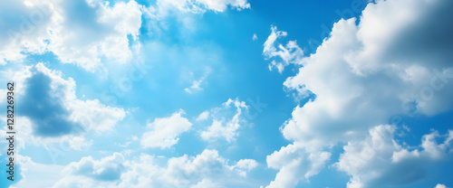 Blue sky with white clouds banner background, panoramic view, with space for text