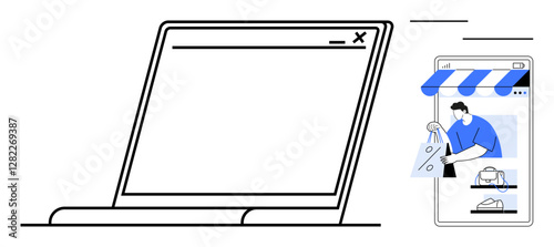 Open laptop screen with a smartphone displaying an online store, user shopping. Ideal for e-commerce, online shopping, retail marketing, digital payments, business growth, technology, convenience