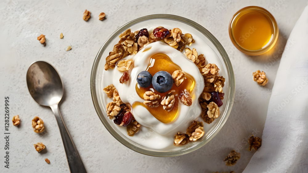 A Healthy Breakfast Bowl: Close-up of a delectable breakfast bowl filled with creamy yogurt, crunchy granola, blueberries, and drizzled honey, capturing the essence of a wholesome start to the day. A Healthy Breakfast Bowl: Close-up of a delectable breakfast bowl filled with creamy yogurt, crunchy granola, blueberries, and drizzled honey, capturing the essence of a wholesome start to the day.