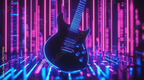 Seamless digital music equalizer audio waves, with neon style guitar; is perfect for background projects; 4k virtual video animation