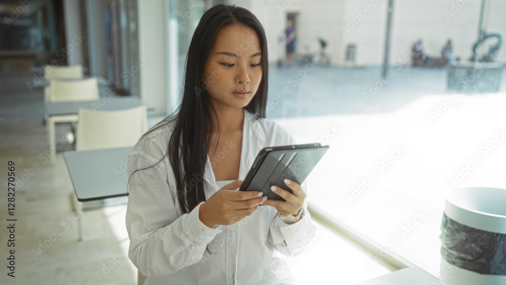 Fototapeta premium Young woman using tablet in a modern office setting with sunlight streaming through large windows.