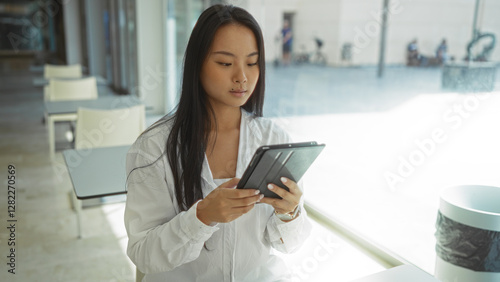 Wallpaper Mural Young woman using tablet in a modern office setting with sunlight streaming through large windows. Torontodigital.ca