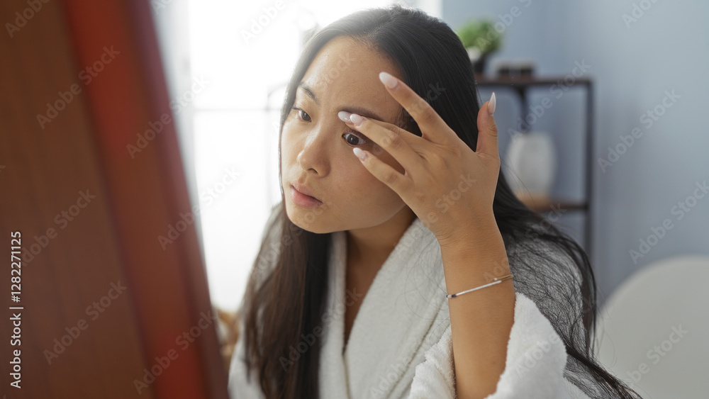 Woman applying makeup in a spa salon, reflecting in the mirror while wearing a bathrobe in a wellness center with asian decor, suggesting a relaxing and rejuvenating atmosphere. Woman applying makeup in a spa salon, reflecting in the mirror while wearing a bathrobe in a wellness center with asian decor, suggesting a relaxing and rejuvenating atmosphere.