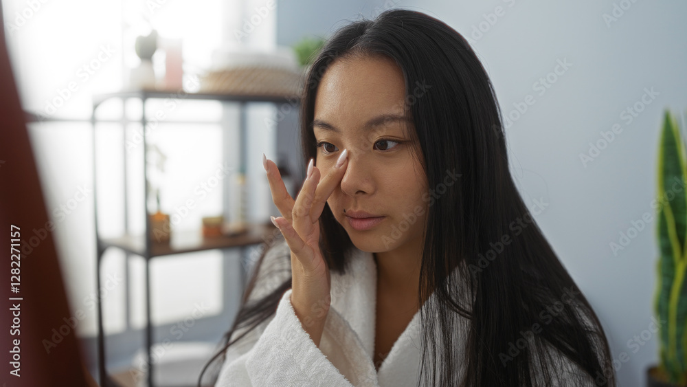 Young chinese woman in a wellness center applying skincare indoors, showcasing beauty and self-care Young chinese woman in a wellness center applying skincare indoors, showcasing beauty and self-care
