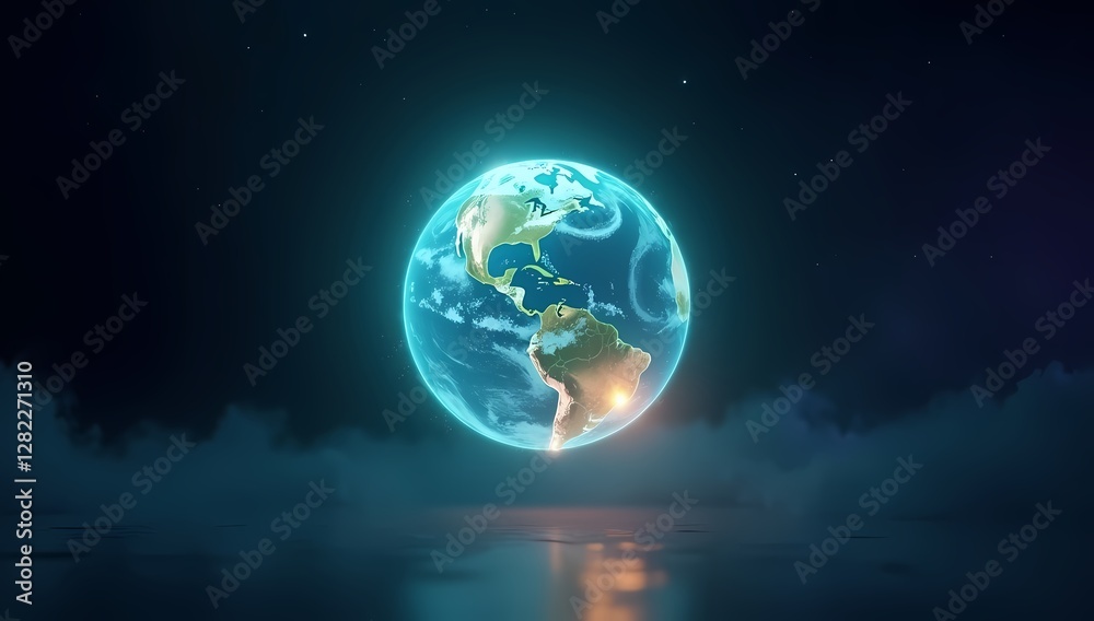 Fototapeta premium Blue shining translucent planet earth against a dark background surrounded a tiny bit of haze.