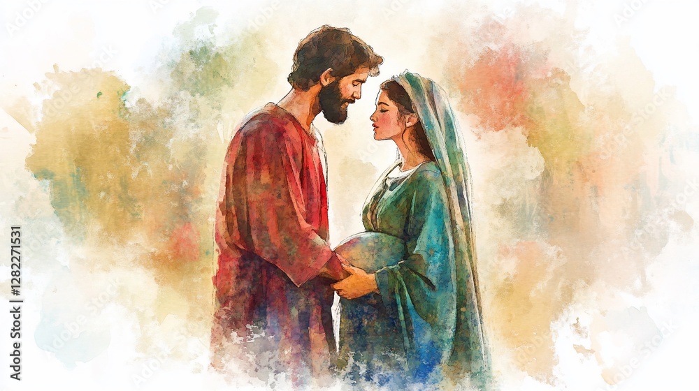 Obraz premium Pregnant woman, man, love, watercolor, biblical, hope, artwork, spiritual, gentle, background