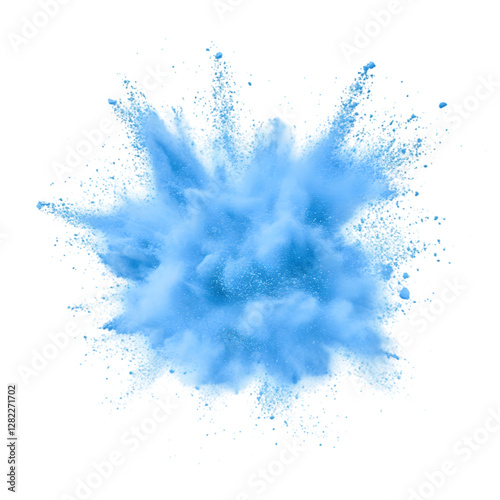 Dynamic burst of blue powder captured in high resolution on a white background