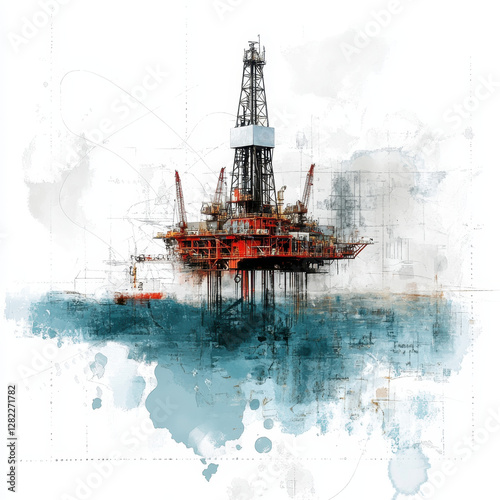 Drilling Platform in Ocean with Colorful Abstract Background Effects