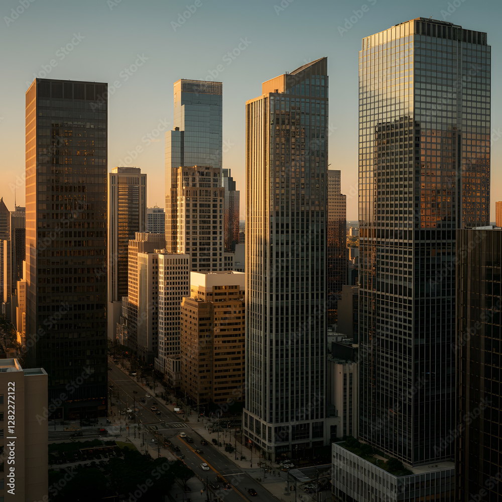 Obraz premium Modern city skyline with reflective glass skyscrapers at golden hour sunset urban architecture and business district