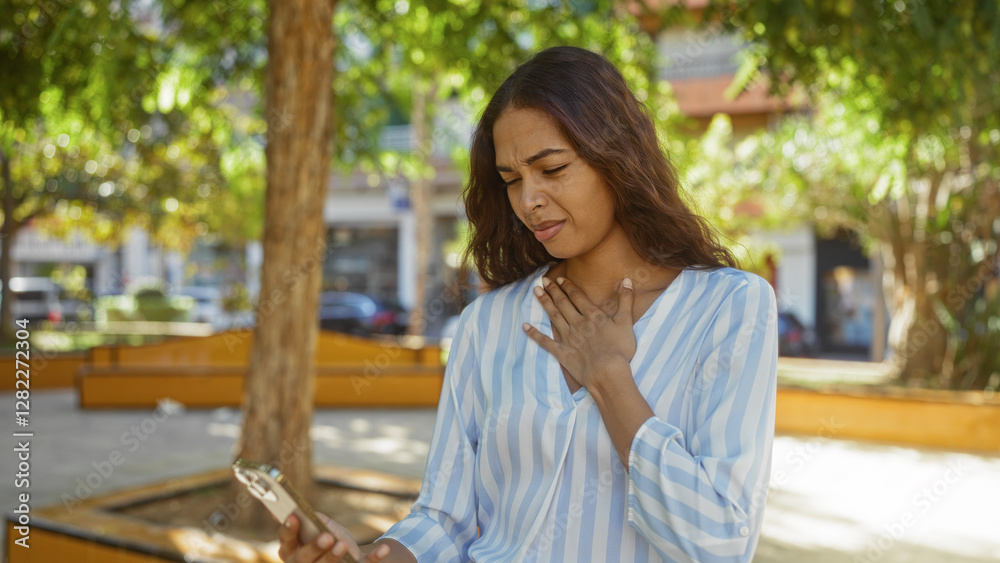 Woman feeling discomfort while holding a smartphone in a sunny urban park Woman feeling discomfort while holding a smartphone in a sunny urban park