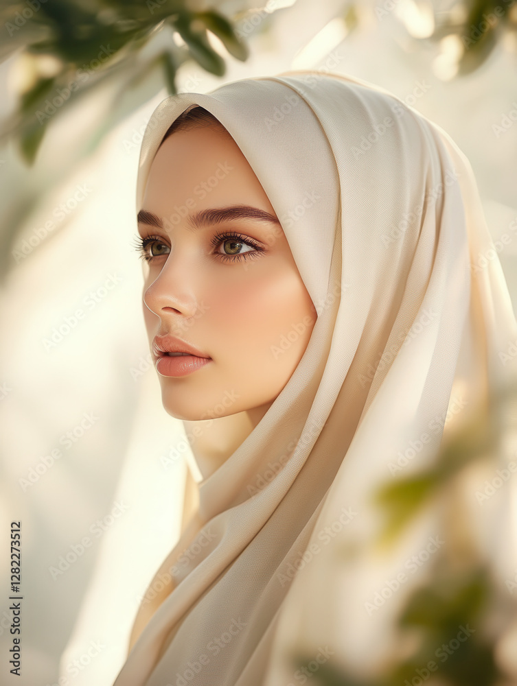Fototapeta premium Portrait of Woman in Light Hijab with Soft Natural Background