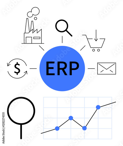 ERP at the center connected to icons for factory, shopping cart, graph, email, magnifying glass, and financial flow. Ideal for management, business processes, data integration and optimization as