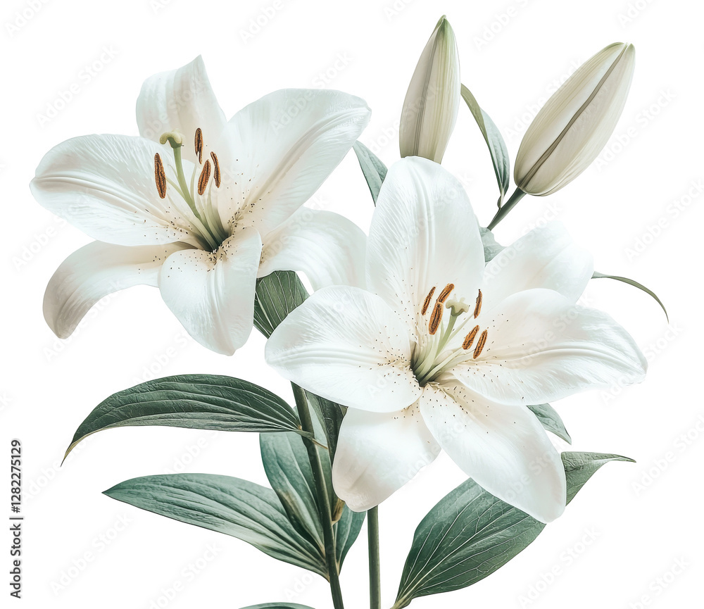Elegant White Lily Flowers with Leaves Isolated on White Background Elegant White Lily Flowers with Leaves Isolated on White Background