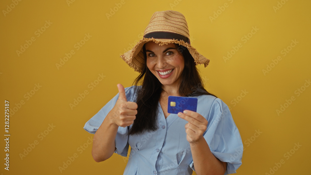Woman smiling with a thumbs-up gesture and holding a credit card while wearing a straw hat over an isolated yellow background Woman smiling with a thumbs-up gesture and holding a credit card while wearing a straw hat over an isolated yellow background