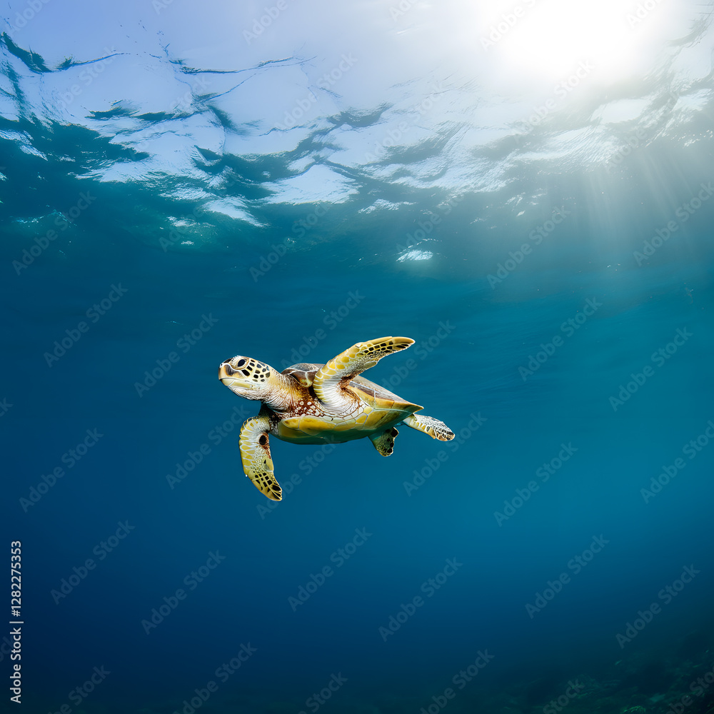Obraz premium Majestic sea turtle swimming gracefully in crystal clear blue ocean with sunlight filtering through water