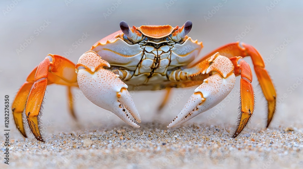 Close-up of a colorful crab on sand. Possible use Nature photography, educational material Close-up of a colorful crab on sand. Possible use Nature photography, educational material