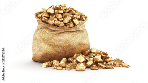 Golden Nugget Pile in Burlap Bag on White Background