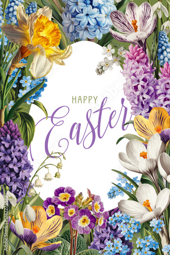  Vintage vector illustration with colorful spring flowers on a changeable background. Floral design template for Easter greeting card.
