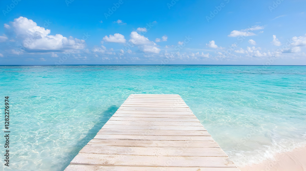 Tropical beach, wooden pier, turquoise water, sunny sky, vacation Tropical beach, wooden pier, turquoise water, sunny sky, vacation