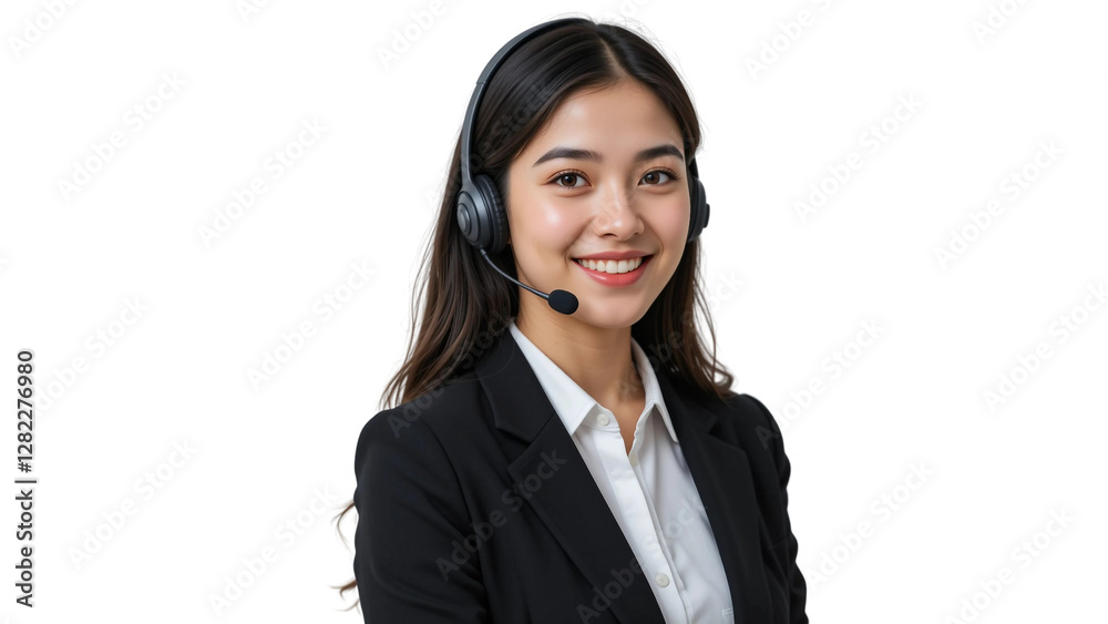 Portrait of a female call center operator, approachable smile and is wearing a sleek, modern headset with a microphone isolated on white background. PNG file Portrait of a female call center operator, approachable smile and is wearing a sleek, modern headset with a microphone isolated on white background. PNG file