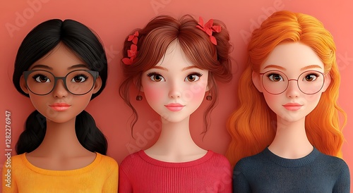 Three Stylish Dolls with Unique Hairstyles Against a Vibrant Orange Background


