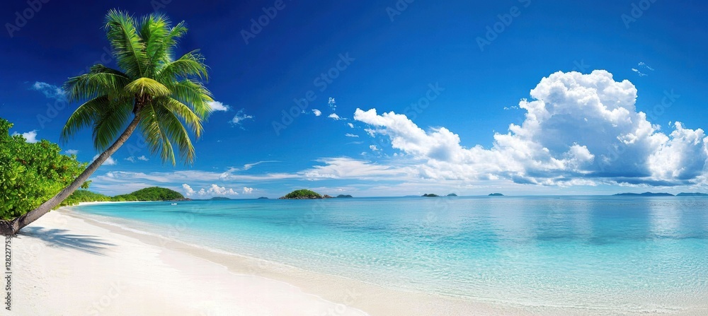 Fototapeta premium Lush palm trees gracefully arching over the water.