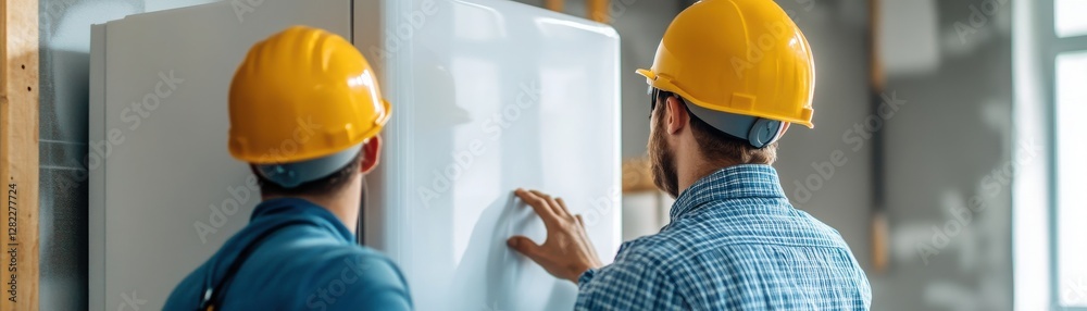 Two workers in yellow hard hats inspect a refrigerator in a modern kitchen, emphasizing teamwork and safety in the workplace. Two workers in yellow hard hats inspect a refrigerator in a modern kitchen, emphasizing teamwork and safety in the workplace.
