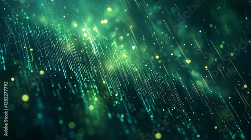 Abstract green digital rain with glowing light particles and lines