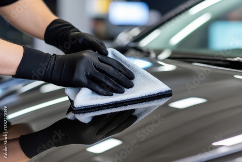 Car detailing, worker polishing hood, clean, shiny