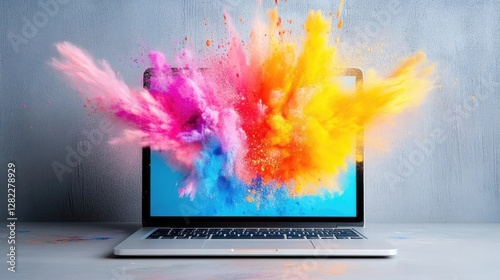 Vibrant paint splashes bursting from laptop screen in a creative explosion