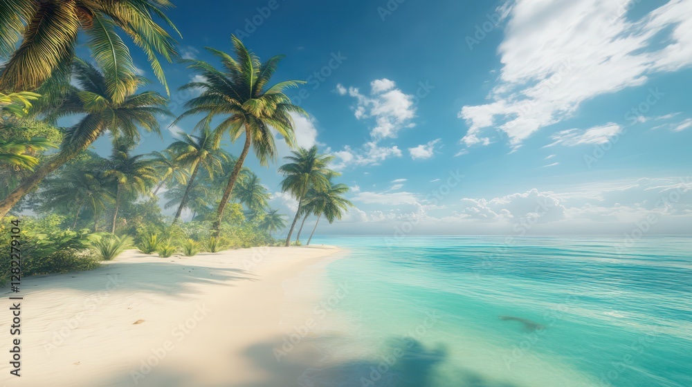 Obraz premium Tropical beach paradise sunny day, palm trees, turquoise ocean. Perfect for travel brochures