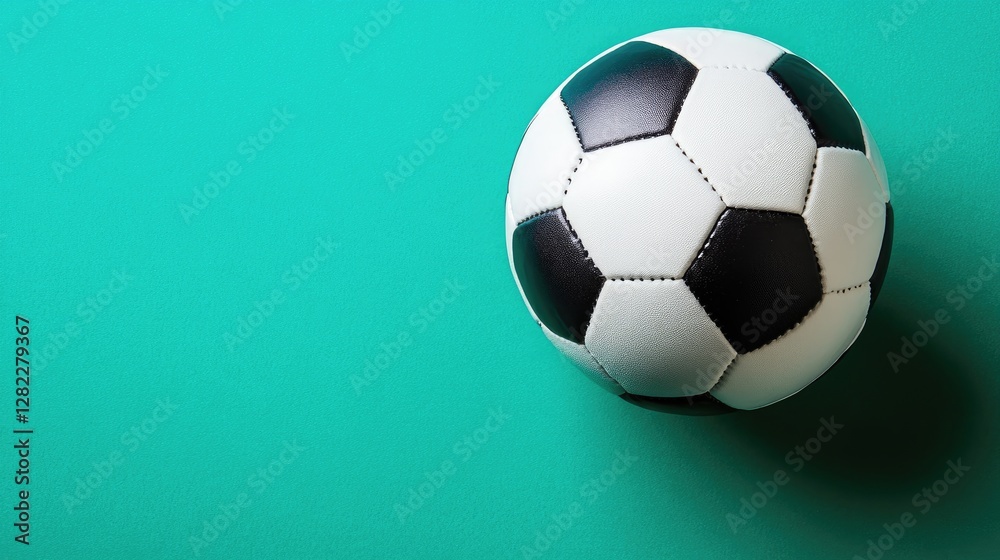Isolated soccer ball on a vivid green background, top-down perspective, perfect focus, no people Isolated soccer ball on a vivid green background, top-down perspective, perfect focus, no people