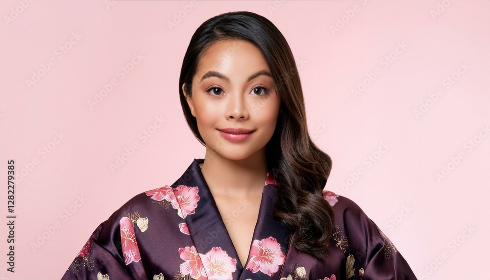 Japanese woman wearing an elegant kimono with floral motifs. Traditional Asian attire. Japanese woman wearing an elegant kimono with floral motifs. Traditional Asian attire.