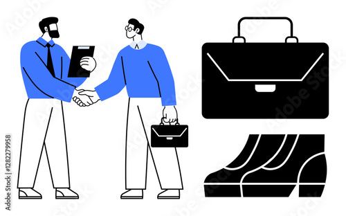 Two business professionals shaking hands, holding a briefcase and clipboard, with a close-up of a briefcase and a pair of shoes. Ideal for business deals, partnerships, professionalism, corporate