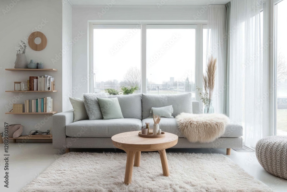 Fototapeta premium Bright living room with grey sofa, wooden coffee table, and large windows.